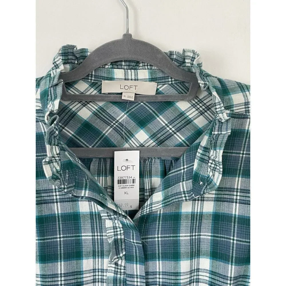 Loft Shirt Size XL Womens Blue Button Front Plaid Ruffle Collar‎ Prairie Top NEW - Picture 5 of 10
